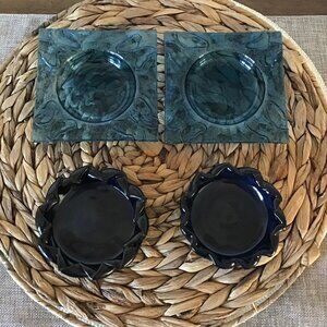 VTG Ashtrays Glass Metallic Blue Butterfly & Blue Pottery (4) Total - Retro MCM